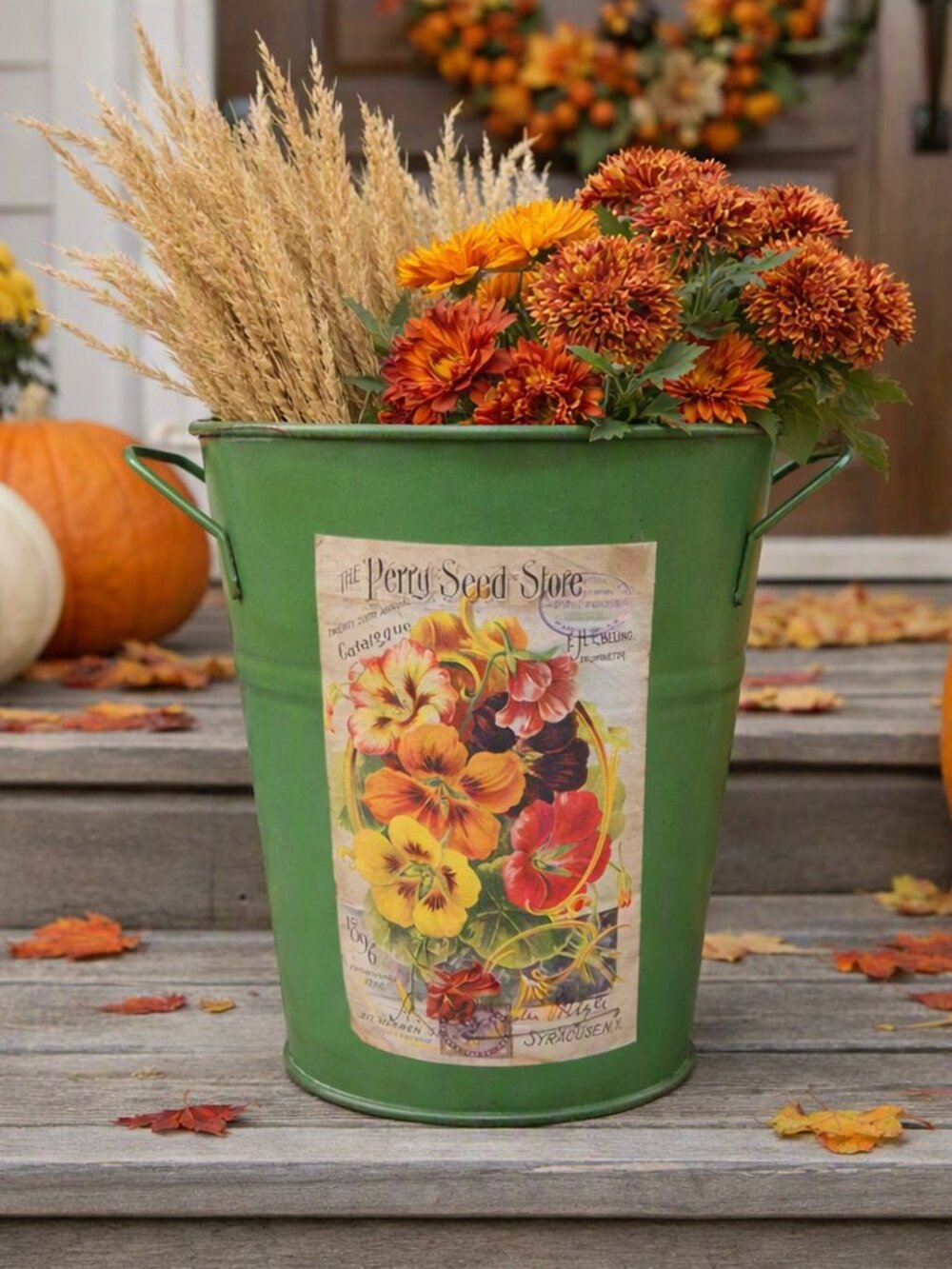 Green Metal Bucket Planter Seed Catalog Flower Pot Vintage Cottagecore Decor